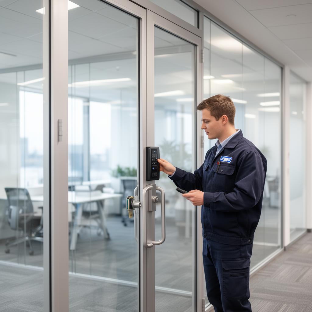 Sandton Locksmith technician inspecting commercial access control hardware inside a modern office building