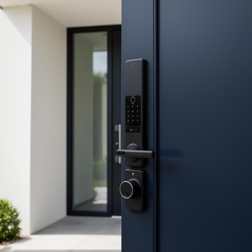 Premium modern residential entrance door with premium security hardware fitted