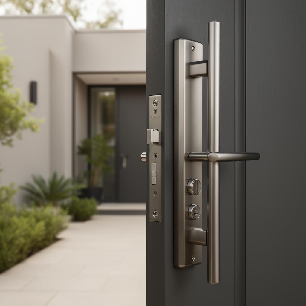 Modern secure residential entrance fitted with premium high-security locking hardware