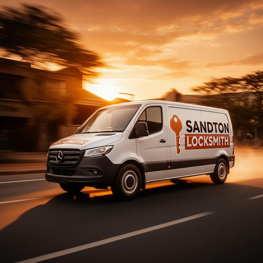 Sandton Locksmith branded response van speeding through Sandton at sunset
